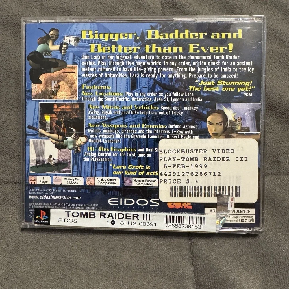 Tomb Raider III 3 Sony Playstation 1, 1999 CIB Reg Card Stickers Black Label PS1